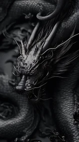 Monochrome high-detail serpentine dragon with sculpted scales
