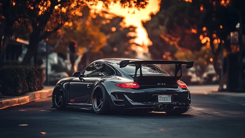 Lowered black Porsche 911 GT3 waits under warm sunset glow