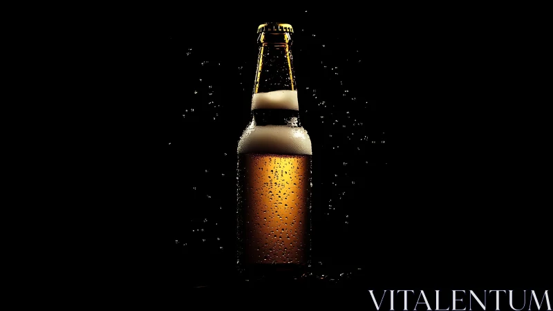 Backlit amber beer bottle with condensation and foam head