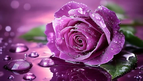 Purple Rose with Dewdrops on Glossy Surface.