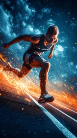 Starlit sprinter ignites a comet trail of racing fire.