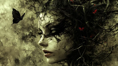 Surreal female profile entwined with dark roots and butterflies.