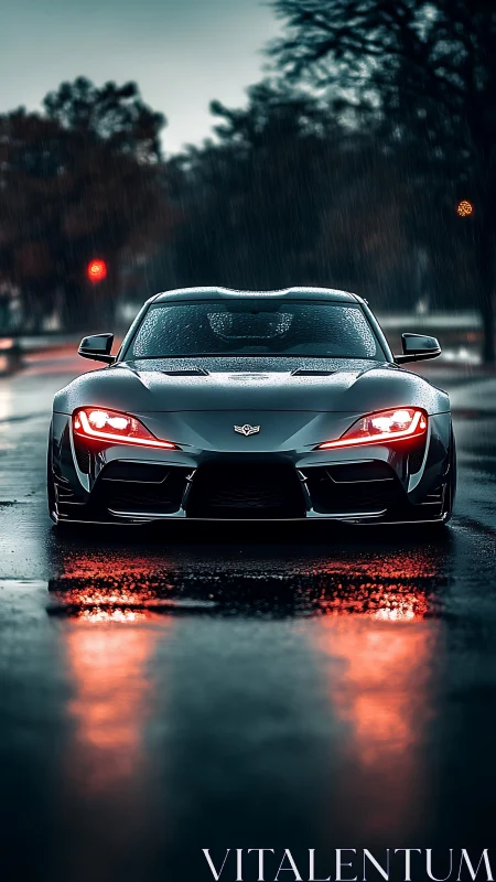 Rain-slicked street beast burning neon red into the night.