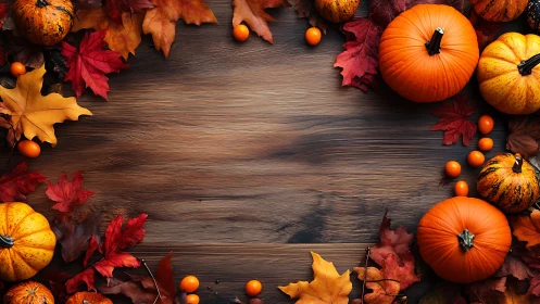 Autumn pumpkins and leaves arranged around wood surface.