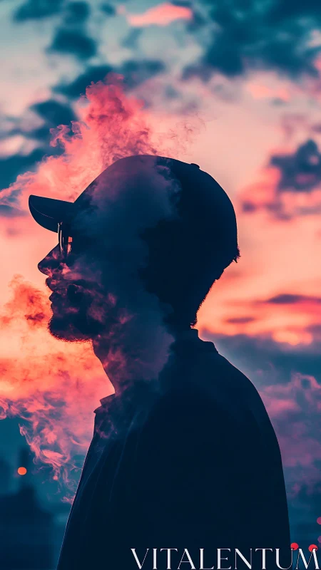 Silhouette in neon clouds breathing out a painted sunset.