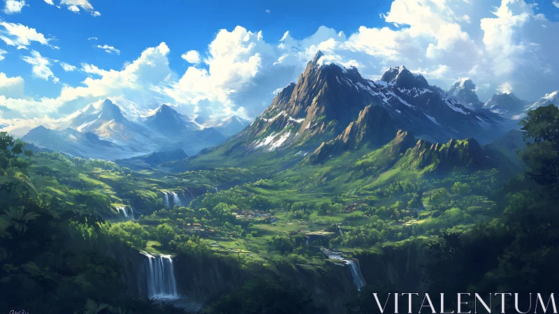 Epic digital landscape with towering mountains and waterfalls.