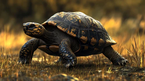 High-detail tortoise render in golden-field backlighting.