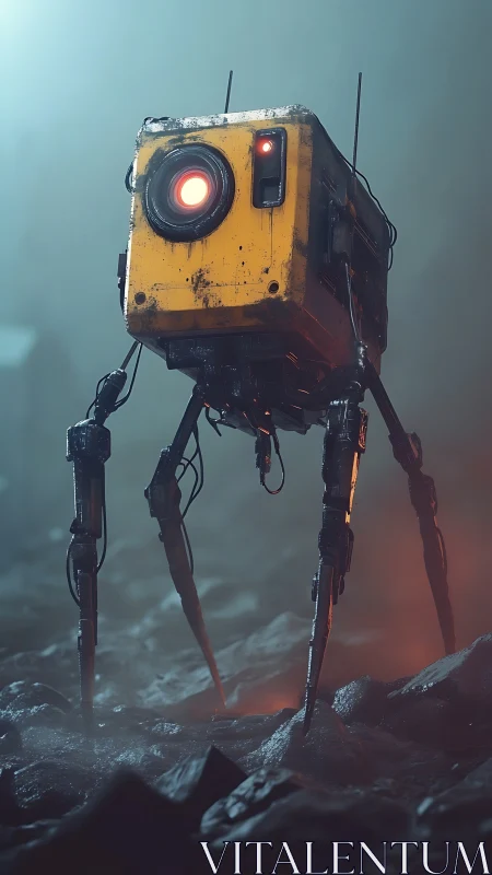 Lone quadruped scout robot patrols a foggy alien wasteland