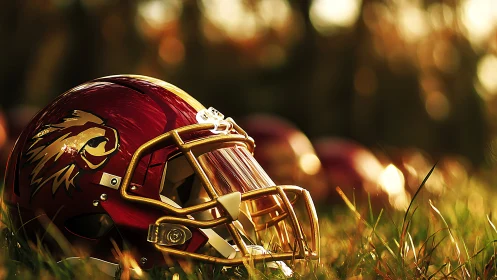 Chromatic football helmet with metallic facemask in bokeh field.