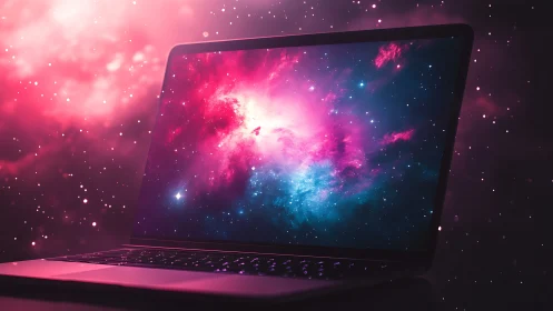 Starlit laptop quietly opens a neon portal into deep cosmos