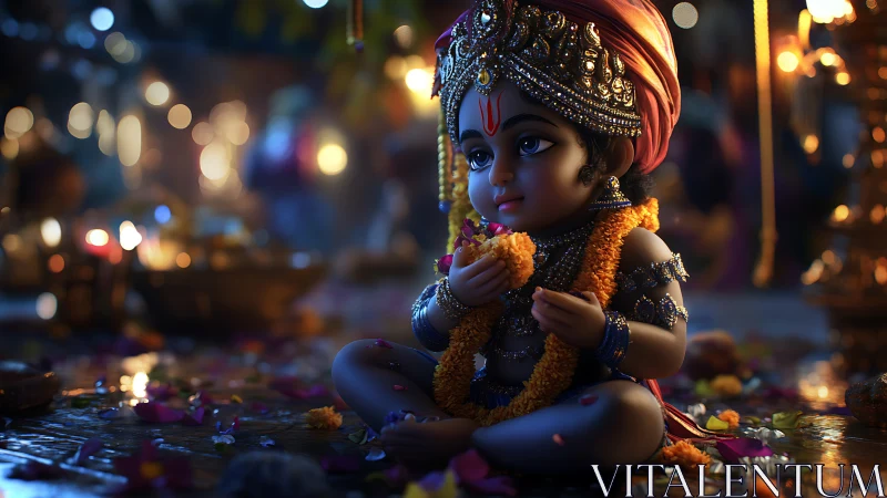Divine child deity sits amid festive lights and flowers.
