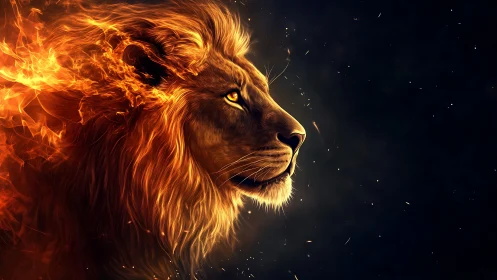 Inferno-maned lion gazes through darkness with molten calm.