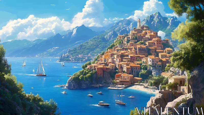 Mediterranean Coastal Village Digital Painting with Alpine Backdrop.