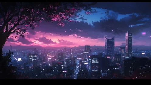 Twilight cyberpunk skyline under cherry blossom vantage point