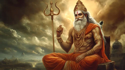 Seated mythological sage with trident under stormy sky.