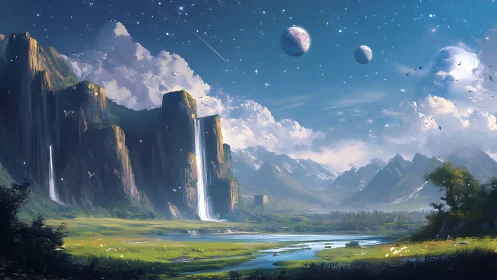 Fantasy valley landscape shows waterfalls and distant planets