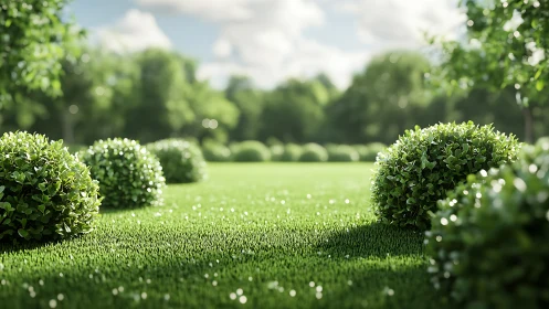 Sunlit garden shrubs cast soft shadows across vivid lawn.