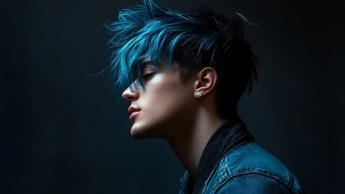 Moody side-profile portrait of young man with vivid teal hair