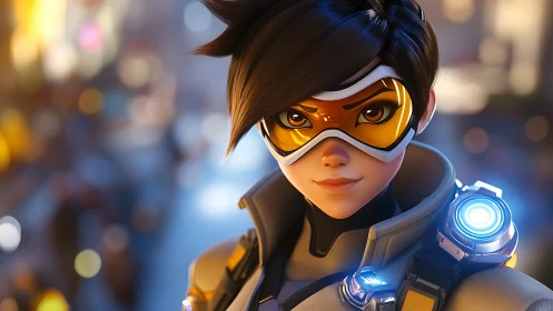 Bright-eyed sci fi heroine poised in a glowing city night.