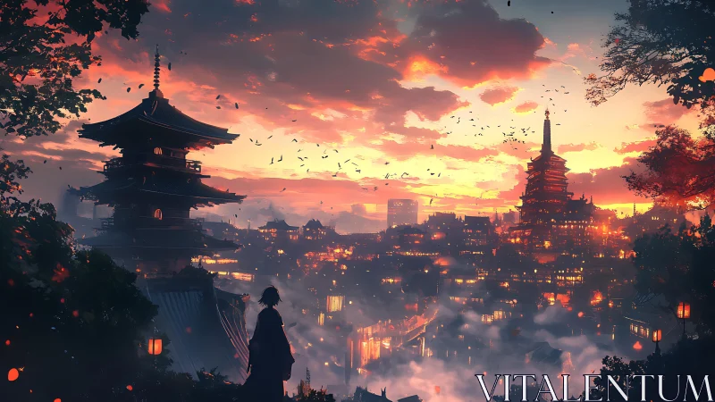 Sunlit pagoda city skyline glows through drifting twilight mist