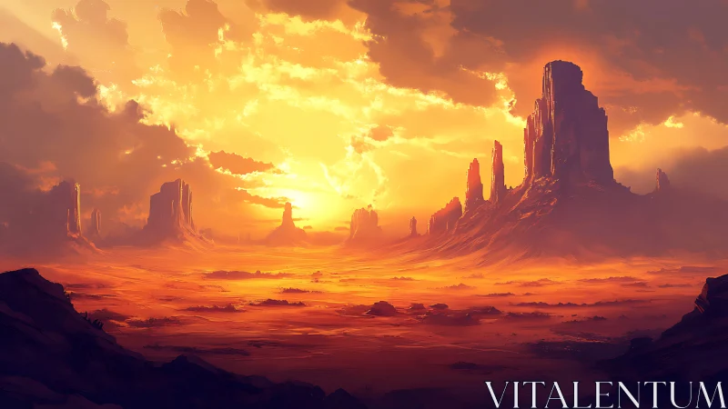 Volumetric sunset over stratified desert mesas in warm haze