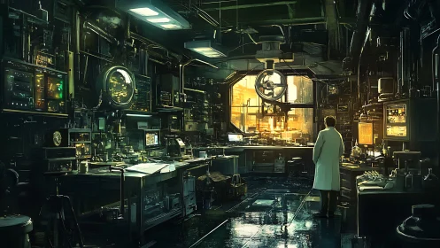 Golden sunrise spills into a bustling futuristic lab workspace