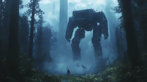 Giant mechanical walker towers over misty forest path.
