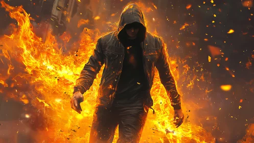 Hooded figure in leather jacket amid rising flames.