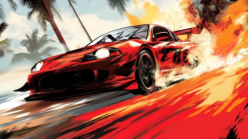 Aggressively rendered red race car drifts through tropical coastal flames