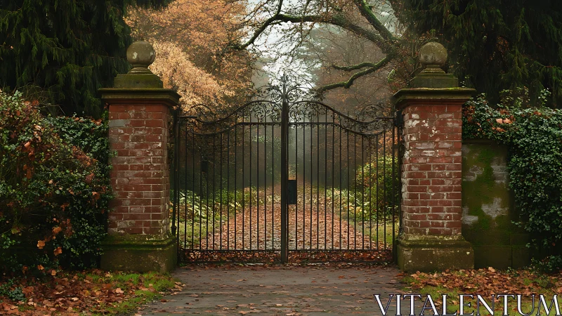 Rusty autumn garden gate guarding a misty secret path.