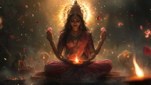 Luminescent goddess in meditative lotus with ritual flame.