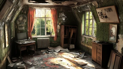 Sunlit decay politely invades an abandoned attic study