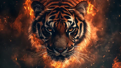 Tiger head emerging from surrounding flames and sparks.