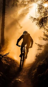 Mountain Biker Charging Golden Forest Trail at Dawn.