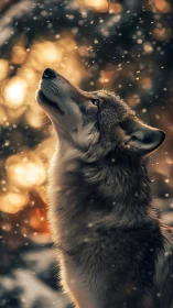 Wolf gazing upward in soft snowfall and sunset glow.