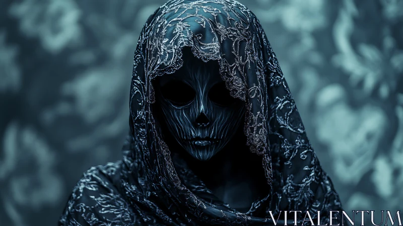 Veiled specter in embroidered midnight shroud of silence.