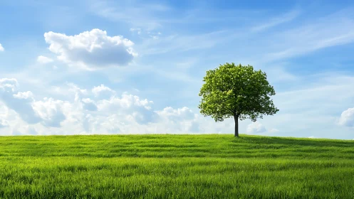 Bright lone tree welcomes calm under a wide blue sky