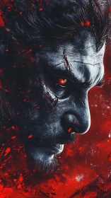 Infernal warrior profile with embers, scarred grayscale visage