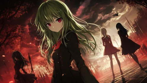 Four determined girls stand strong in a fiery twilight city.