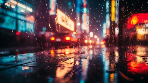 Neon rain beads turn city pavement into a glowing echo chamber
