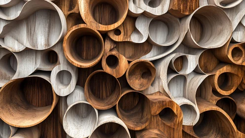 Abstract wooden tubes wall art with organic curves and warm tones.