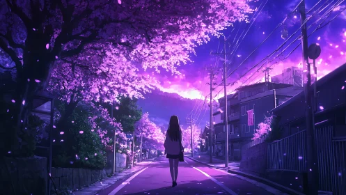 Girl walking under glowing purple cherry blossom street.