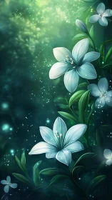 Digital painting of white lilies with glowing particles in green gradient background
