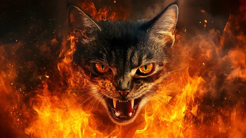 Inferno-eyed battle cat roaring from a molten blaze portal.