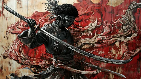 Blindfolded samurai strides before a crimson demonic storm