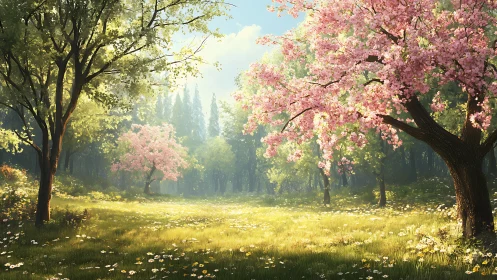 Digital painting of vernal glade with blooming cherry trees.