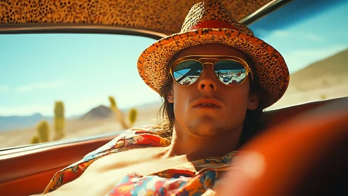 Sunlit desert road trip portrait with mirrored aviator sunglasses