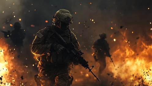 Armed soldiers advancing through fire and dense smoke field.