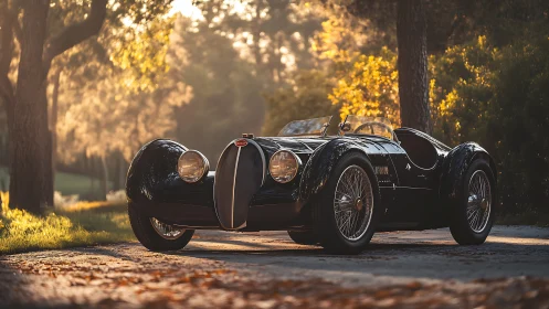 Elegant vintage roadster glowing in golden forest light.