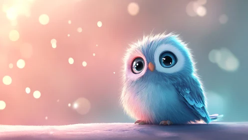 Adorable Cartoon Baby Owl on Soft Pastel Bokeh Background.